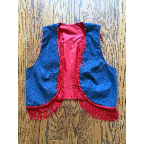 Plus Size 2X Vintage 80s 90s Blue Denim Red Fringe Cowgirl Rodeo Western Costume - Picture 7 of 8